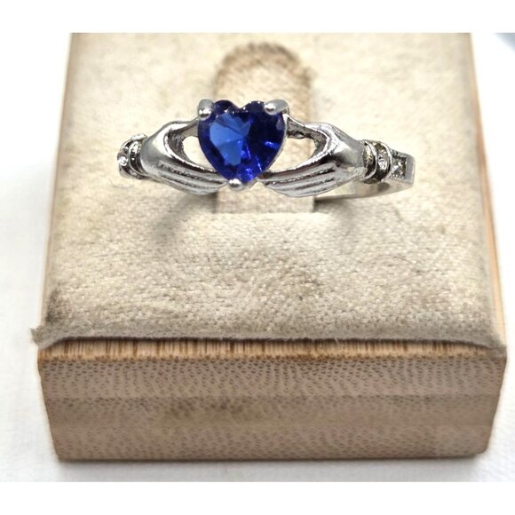 Silver Tone Claddagh Ring With Blue Heart-Shaped Stone & CZ Accents Size 8.5 - Picture 1 of 5